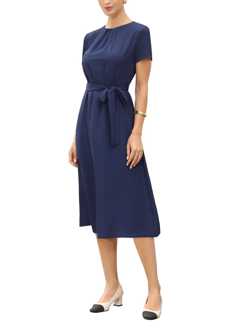 navy blue short flowy dress INSPIRE CHIC Summer Dress for Women Work Casual Short Sleeve Crewneck A Line Flowy Dresses with Belt M Navy Blue, Women's, Size: Medium
