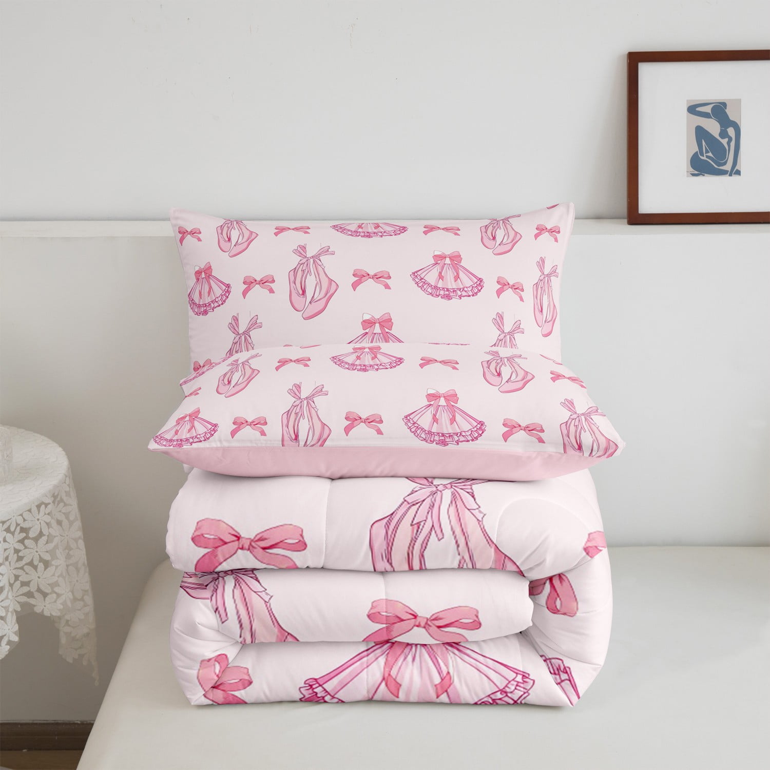 Erosebridal Pink Bowknots Comforter Set Twin Size,Cute Dancing Ballet Bedding Set,Princess Style Quilt Set Women Teens Room Decor,Romantic Duvet Insert,1 Pillowcases