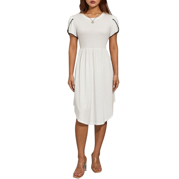 VISgogo Vestido casual para mujer Cuello redondo Split Manga corta Cintura alta Dobladillo curvo Vestidos de color sólido VISgogo moda