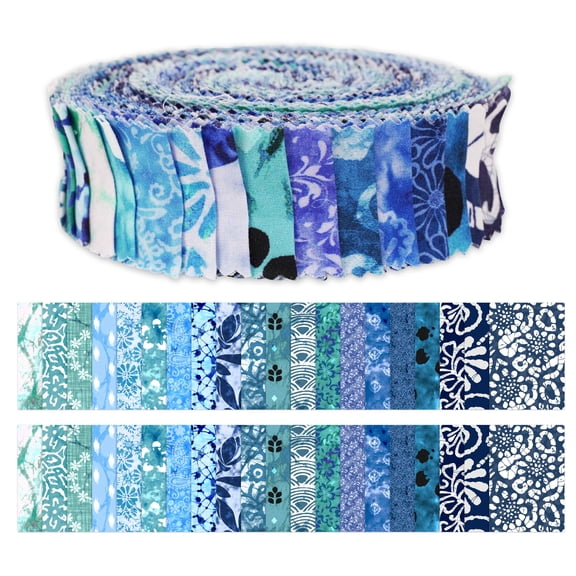 Soimoi 40Pcs Batik Print Precut Fabrics Strips Roll Up 1.5x42inches Cotton Jelly Rolls For Quilting - Sea Green & Blues