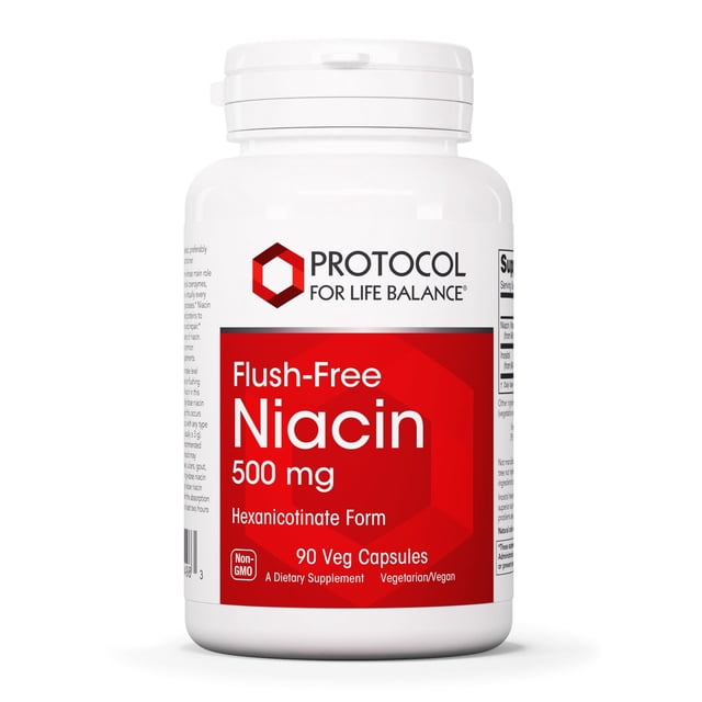 protocolo de suplemento: niacina, 500 mg, hexanicotinato de inositol, 90 cápsulas — Vista frontal de un frasco blanco Protocol for Life Balance con etiqueta roja que muestra “Flush‑Free Niacin 500 mg Hexanicotinate Form” y el logotipo de la marca; panel de información visible en el borde derecho y texto pequeño indicando 90 veg cápsulas; a menudo usado para apoyar procesos de energía y metabolismo según la etiqueta.