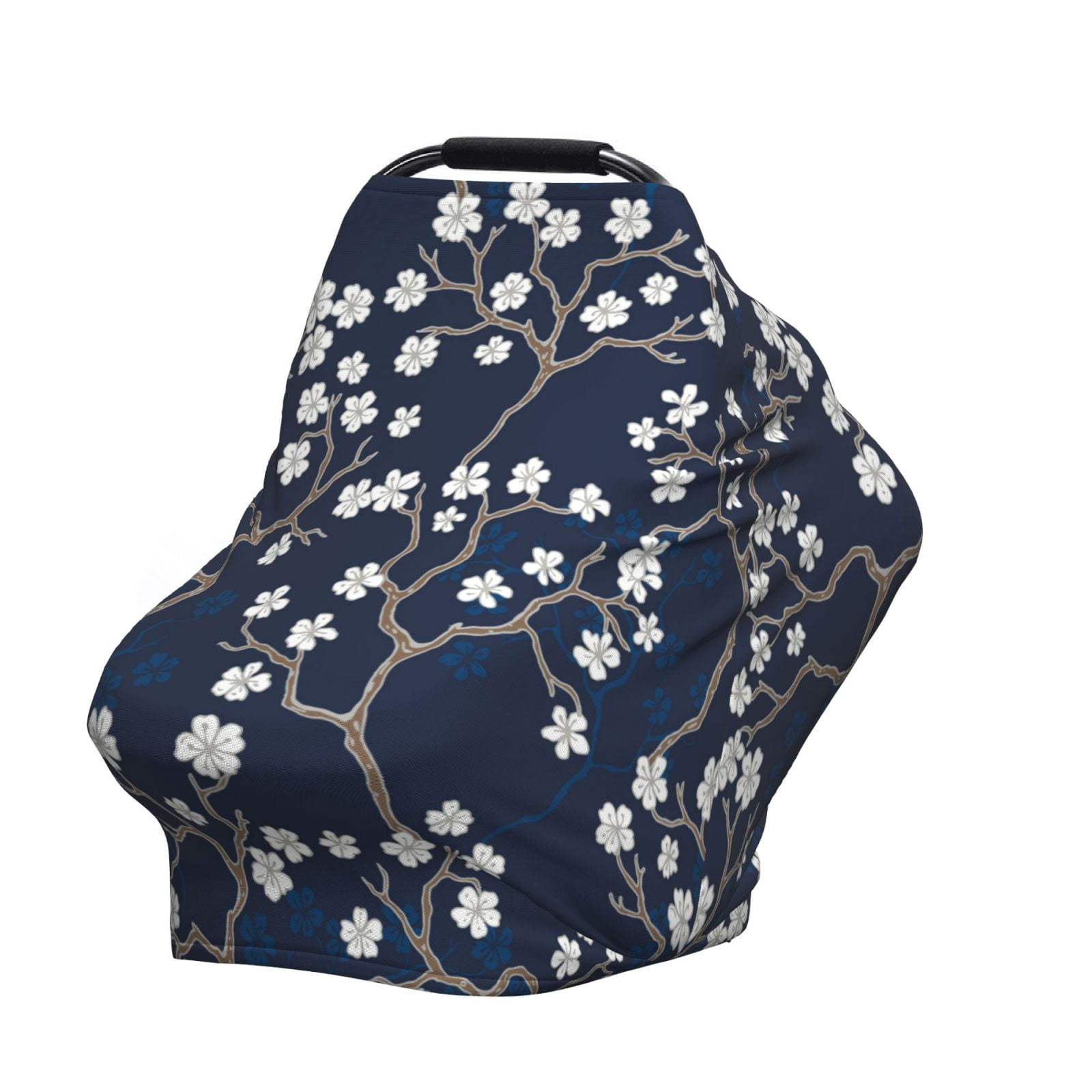 Fotbe Cherry Blossoms on Navy Background Pattern Car Seat Covers for Babies, Nursing Breastfeeding Cover Infant Carseat Canopy, Soft Stretchy Carrier Cover