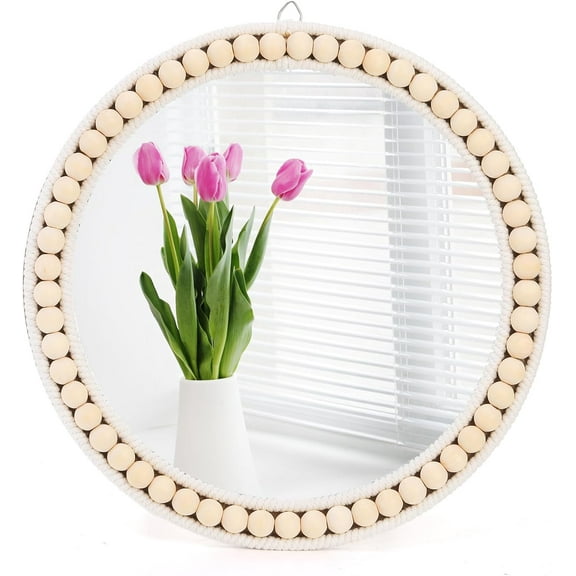 Boho Wall Mounted Mirror, 12 Inch Round Wooden Bead Hanging Mirrors, Rustic Decorative Vanity Mirror, Farmhouse Circle Decor Mirrors for Living Room, Bedroom, Bathroom, Nursery