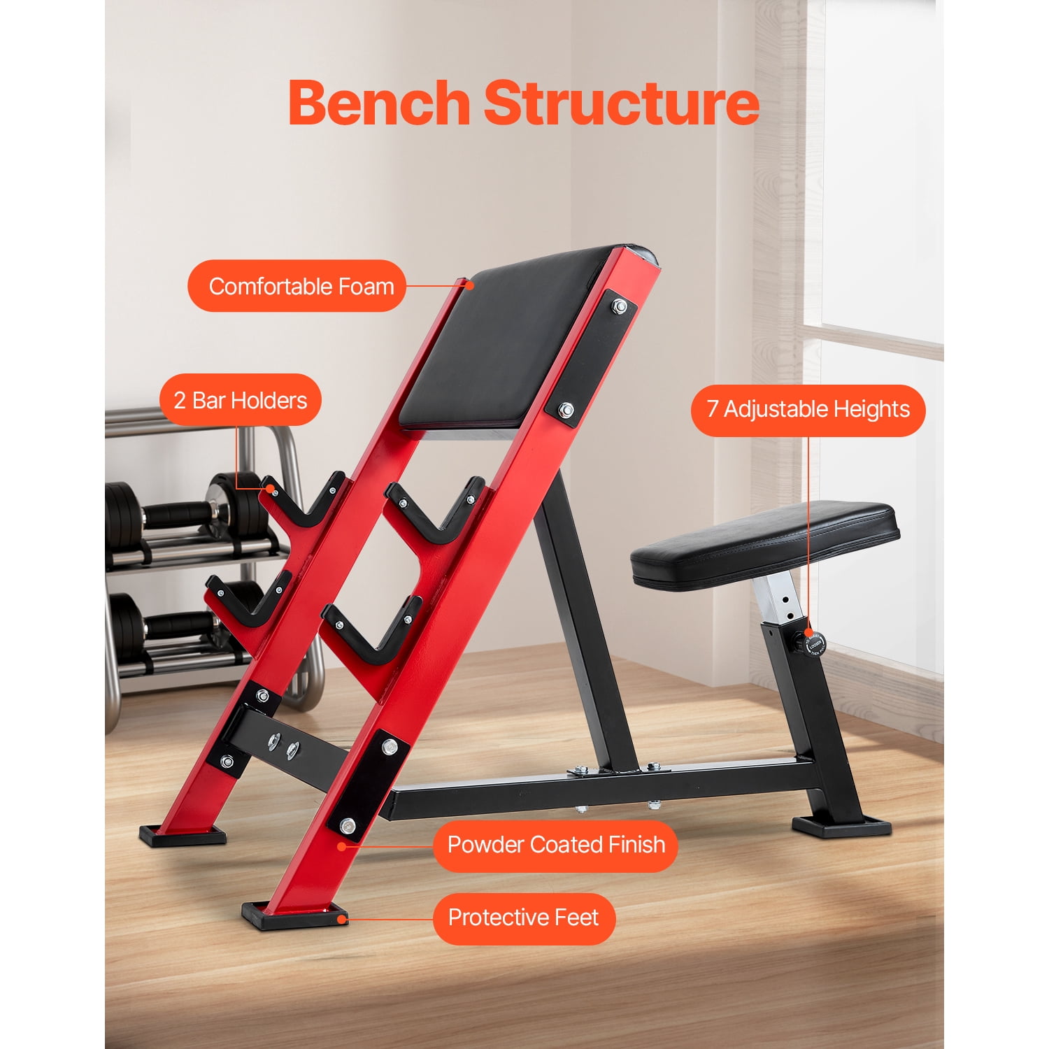 KFFKFF Weight Bench with Bar Holders, Modifiable Arm Curl Bench, Workout Benches, Supports up to 660 LBS for Home Exercise Gear, Isolated Seated Barbell Dumbbell Bicep Station