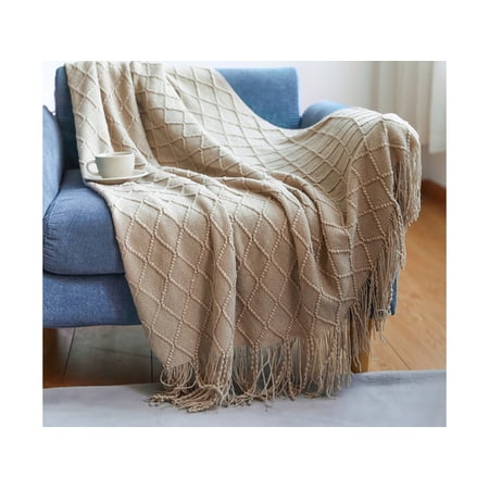 Diamond Textured Knitted Solid Sofa Blankets with Tassel Cozy Soft Lightweight Travel Blanket for All Seasons, Khaki, 800g