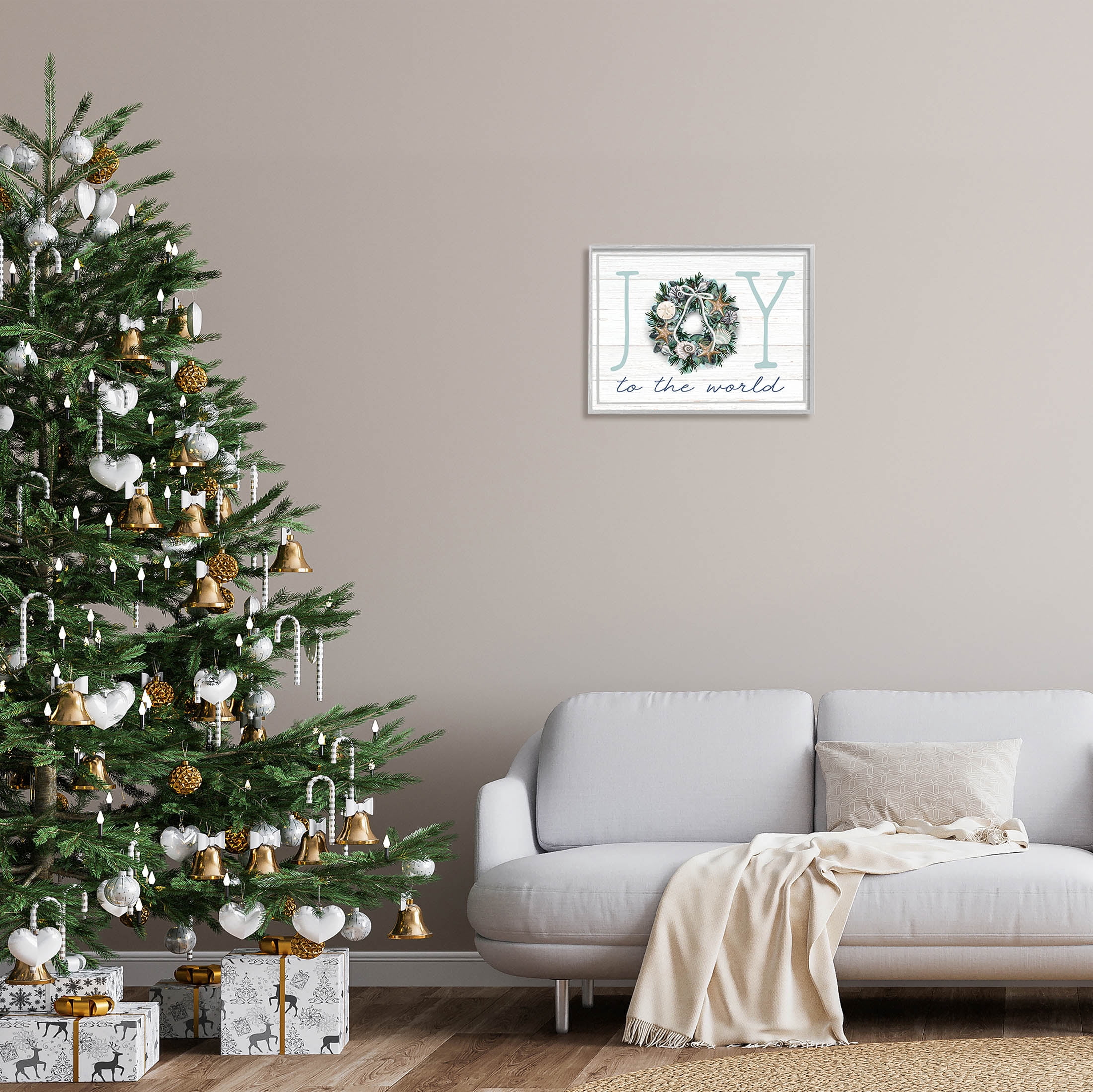Stupell Industries Joy To The World Nautical Wreath Graphic Art Gray Framed Art Print Wall Art, Design by Elizabeth Tyndall