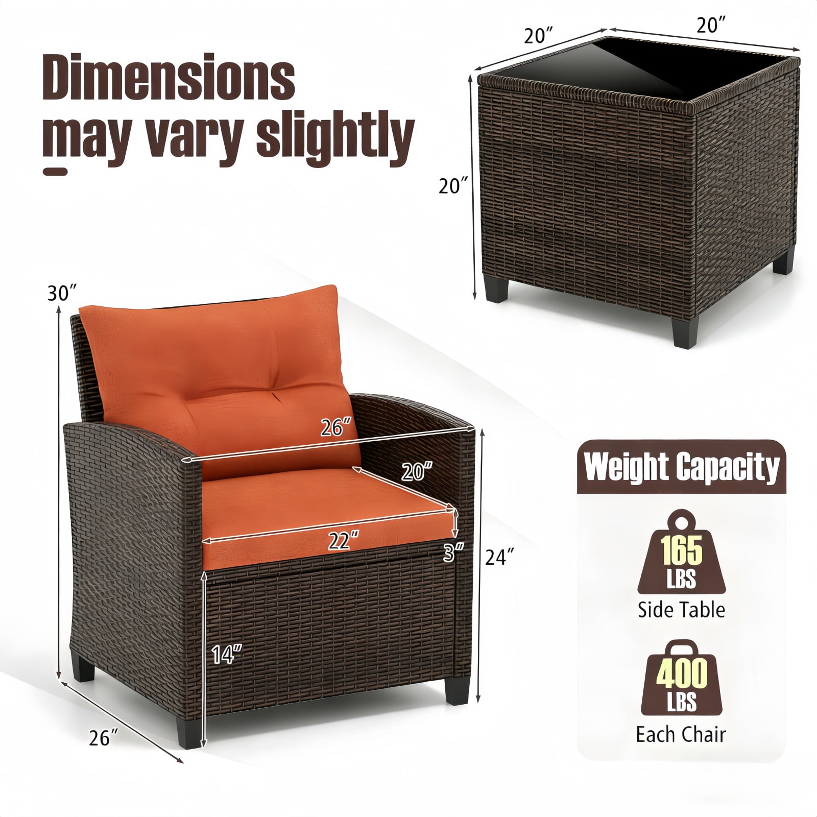 Hommoo 3 PCS Rattan Patio Furniture Set, Outdoor Brown Wicker Conversation Set with Glass Tabletop & Orange Cushion