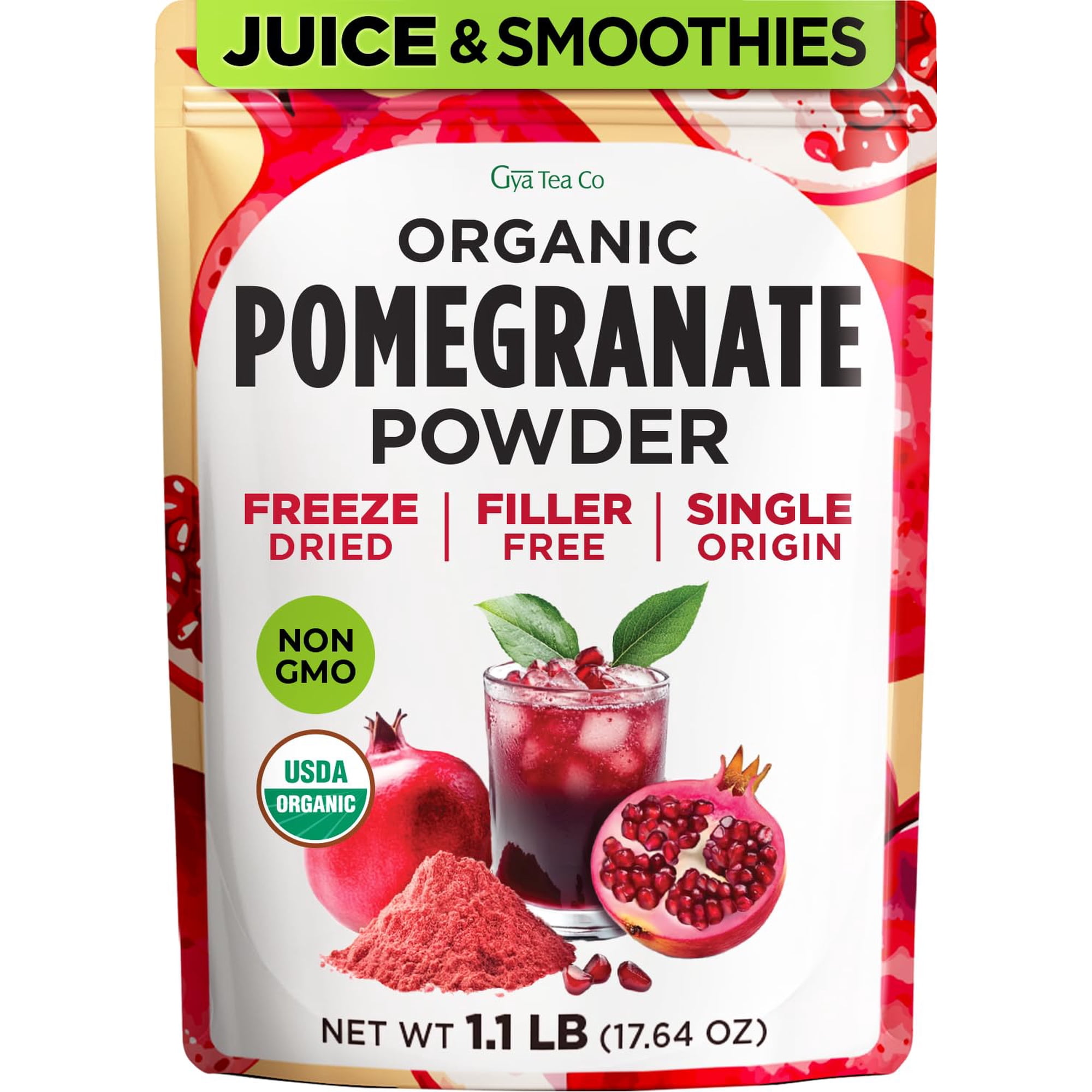 Gya Tea Co Pomegranate Powder 1.1lb (17.64 Oz) – 100% Freeze-Dried Whole Fruit – Antioxidant Rich Superfood For Smoothies, Drinks & Yoghurt – Immunity & Energy Boost – Non-GMO, Gluten-Free