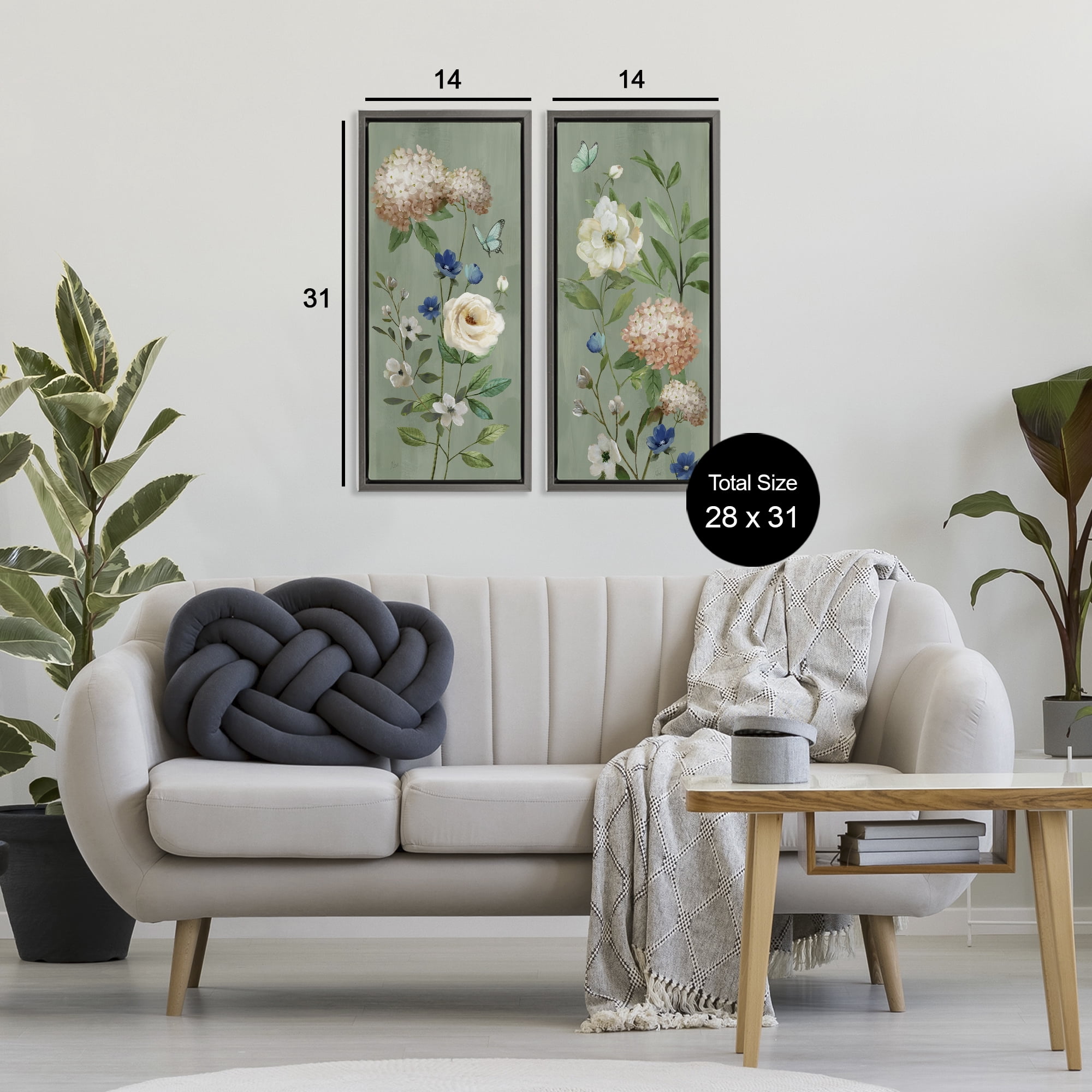 Stupell Industries Mint Hydrangeas & Roses 2 Piece Gray Framed Floater Canvas Set, design by Nan