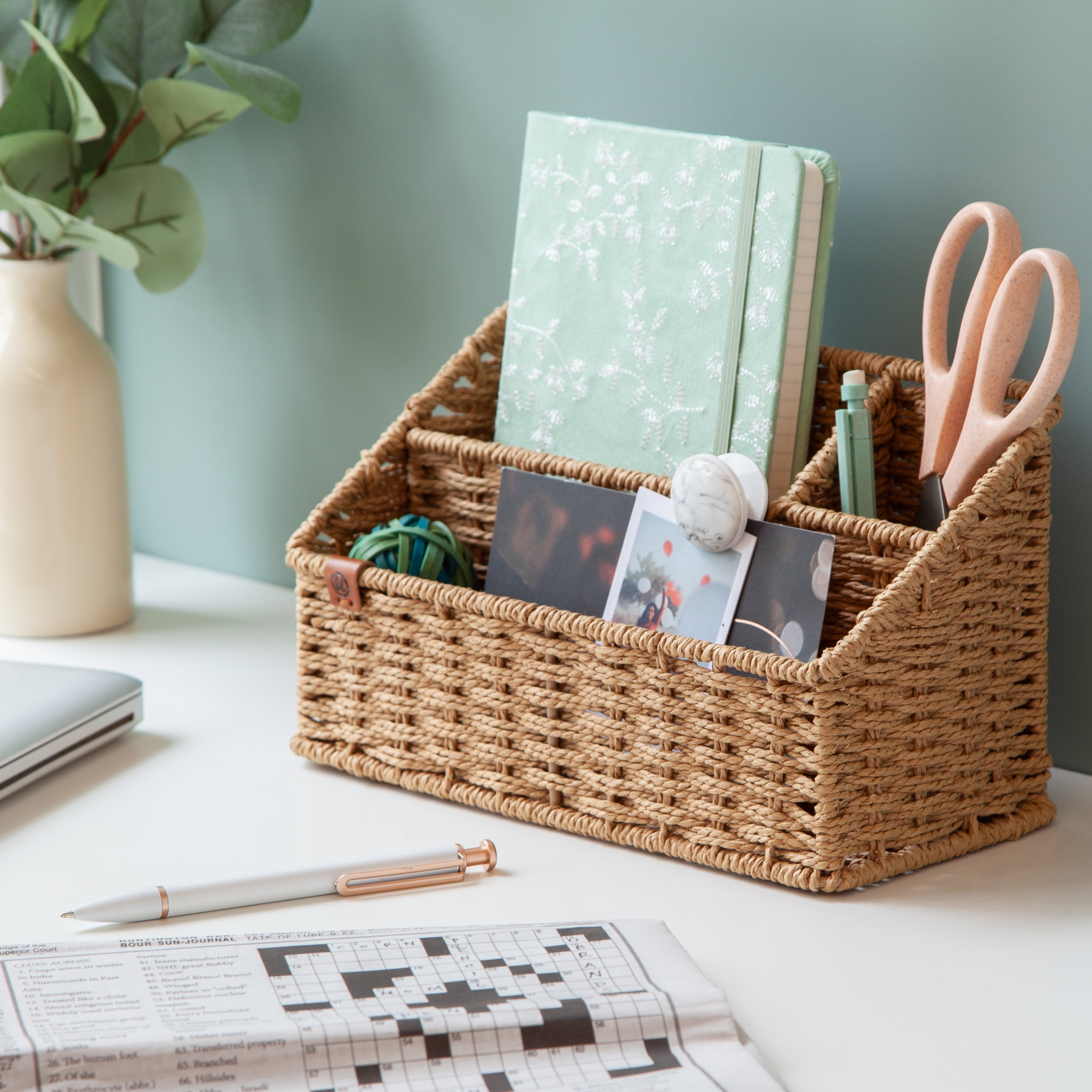 U Brands Woven Desktop Organizer, 10.2" x  4.9" x 5.7", Boho Chic, Brown