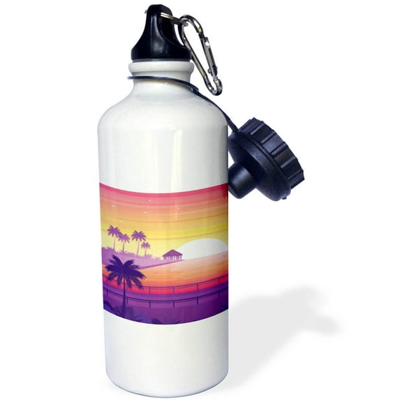 3dRose, Purple and Orange Holiday Design with Sunset and Palm Trees, 21 oz Sports Water Bottle