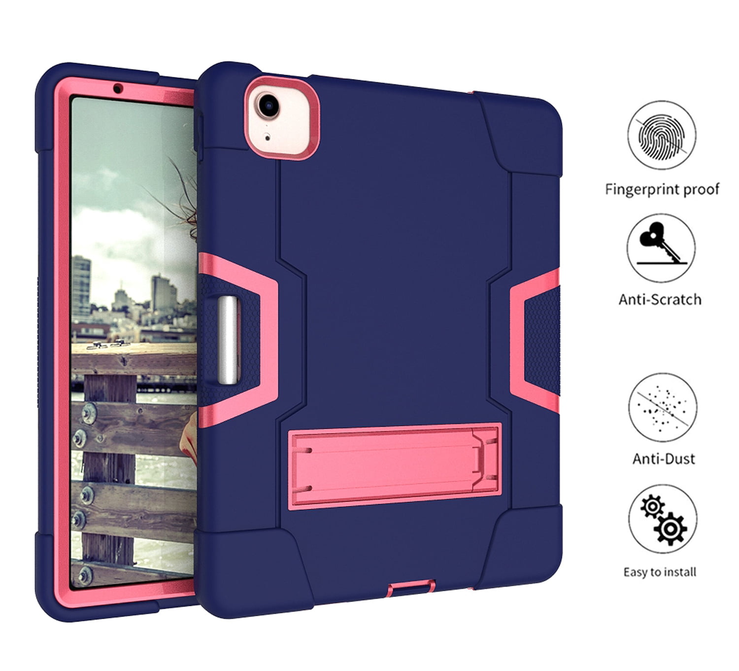 Allytech iPad Air 5 Case 2022, iPad Air 4 Case 2020, Heavy Duty Protection Shockproof Build In Kickstand Pencil Holder Kids Friendly Case for Apple iPad Air 5th 4th Generation, BlackNavyblue/Rose