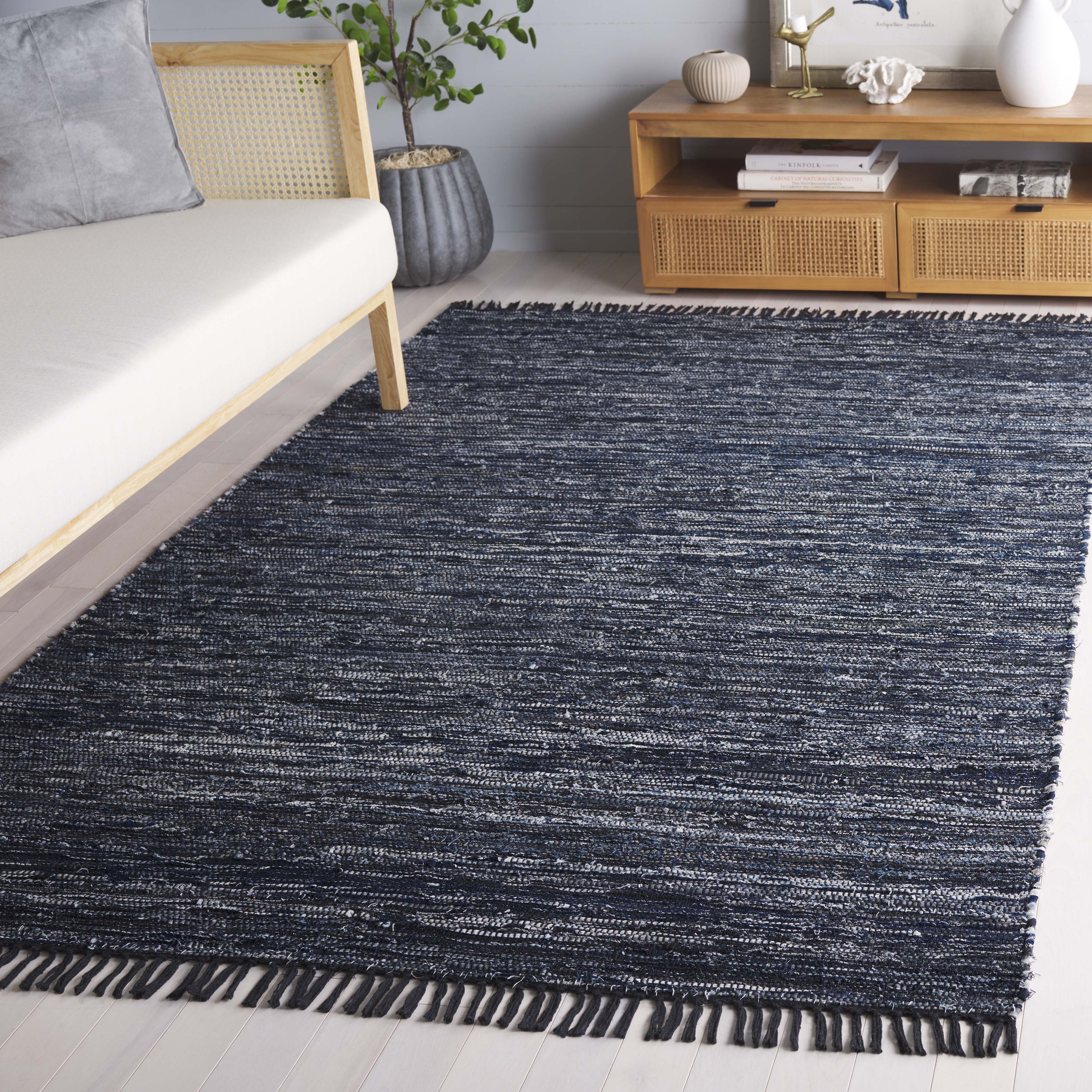 SAFAVIEH Rag Rug LACEWORK Distressed Area Rug, Navy/Black, 6' x 6' Square