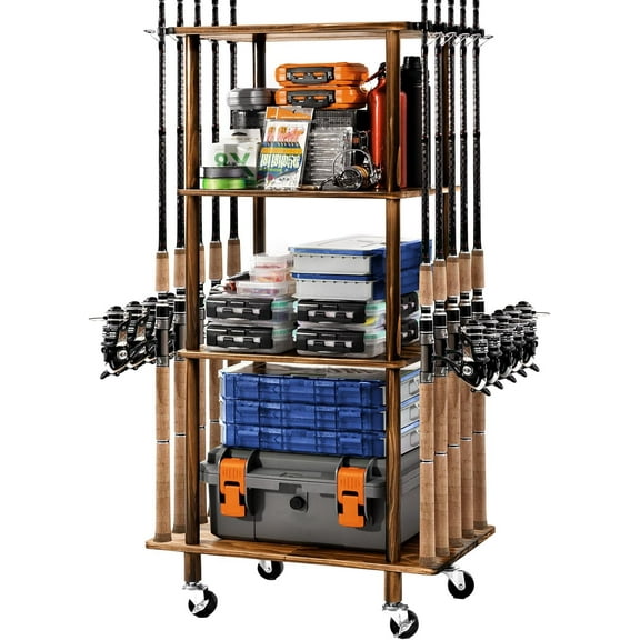 Fishing Rod Holders for Garage Fishing Pole Rack Hold up to 10 Rods Fishing Pole Holders Wooden Organizer Fishing Rod Rack car Fishing Gear Storage Equipment (4 Tier)