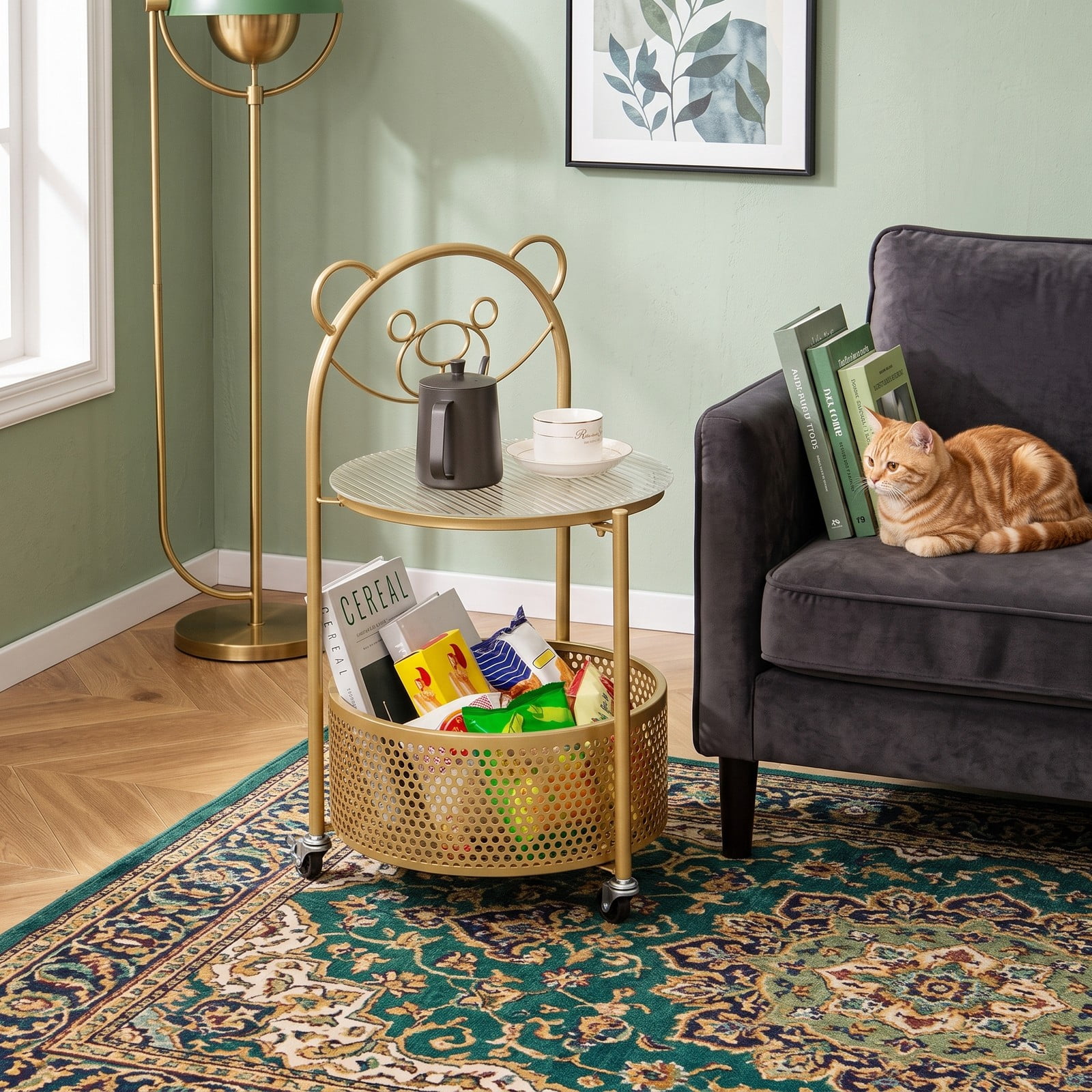 Furnibear Modern Sofa Side Table with Lockable Wheels, Round Tempered Glass End Table with Metal Storage Basket for Living Room Bedroom Study, Rolling C-Shaped, Gold