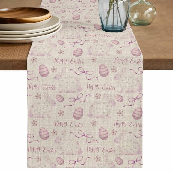 Pink Easter Table Runner 36 Inches, Spring Farmhouse Vintage Bunny Eggs Beige Bed Runner Dresser Scarves Tabletop for Indoor Outdoor Parties/Ceremony/Banquet, 13"x 36"