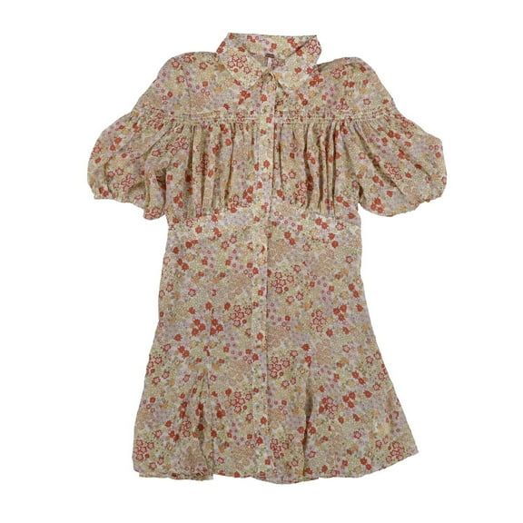 Free People Women's Dress Button Down Floral Collared Puff Sleeve Yellow Multi S