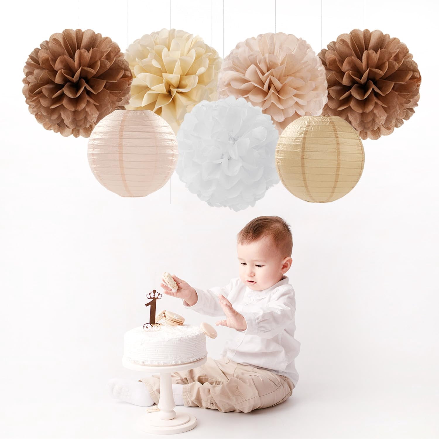 NestE-Boho Rustic Wedding Party-Decorations Paper Flowers Lanterns - 15PCS Fall Baby Shower Gender Neutral Streamers,Brown Champagne White Tissue Pom Poms,Autumn Birthday Bridal Decor