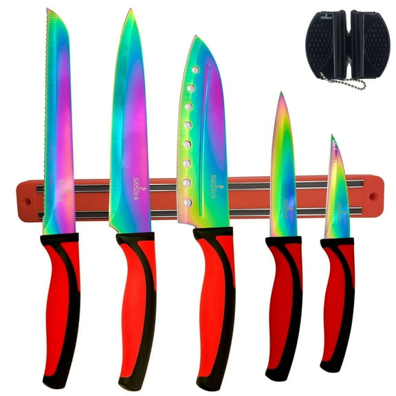 SiliSlick Kitchen Knife Set, Titanium Coated Stainless Steel Colorful Blades, Chef, Bread, Santoku Utility & Paring Knives, Magnetic Mounting Rack & Portable Sharpener
