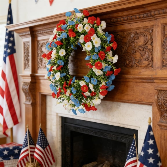 erdimoy 4th Of July Patriotic Morning Glory Flower Wreath, 20 Inch Red White Blue Independence Day Front Door Fireplace Porch Holiday Hanging Decor