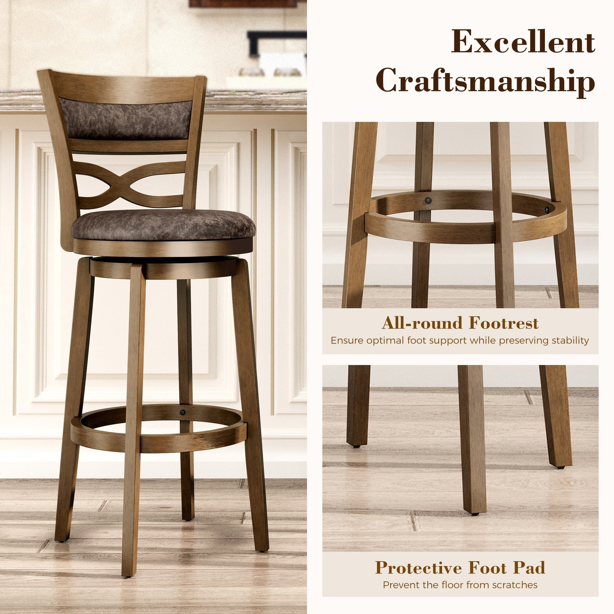 MF Studio 30" Bar Height Stool with Back Set of 4, Wood Swivel Bar Stool with Thick Upholstery Back & Extra Large Seat, Jacobean