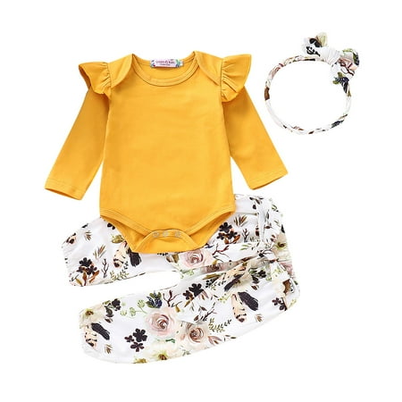 

Qtinghua 3Pcs Newborn Infant Baby Girl Clothes Ruffle Romper Jumpsuit Floral Pants Headband Fall Winter Outfits Yellow 12-18 Months