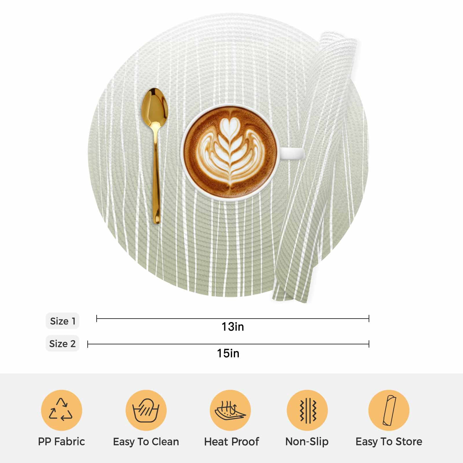 Sage Green Round Placemats Set of 4 Ombre Gradient Striped Minimalist Texture Place Mats Indoor Woven Table Mats Washable Heat-Resistance Braided Dining Table Placemats for Kitchen Party 15 Inch