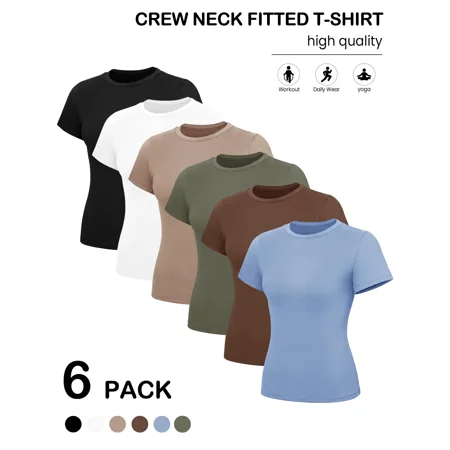 6-Pack Women's Fitted Crop Tees, Short Sleeve Basic Shirts for Spring Summer Gym & Everyday