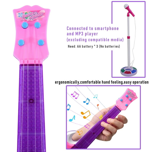 deAO Juego de guitarra y micrófono para niños, juguetes de guitarra con música y luz colorida, micrófono de altura ajustable con soporte, luz musical de karaoke, juguetes de cumpleaños para niños