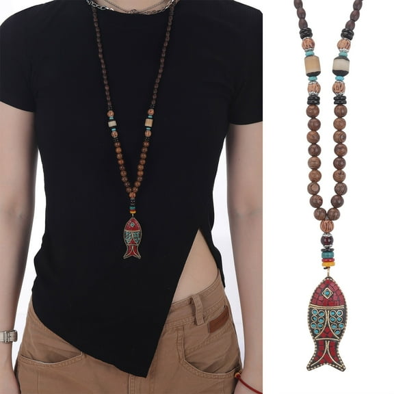 Bohemian Beaded Necklace for Women Long Boho Pendant Wood Mala Beads Wooden Strand Tassel Stone Bohemian Necklaces for Women Jewelry