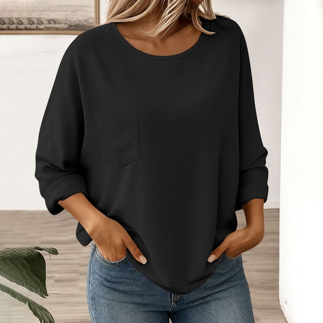 Ailaofu Hauts à Manches Longues pour Femmes, T-Shirts Décontractés avec Poche, Col Rond, Blouses Amples, Tuniques Habillées