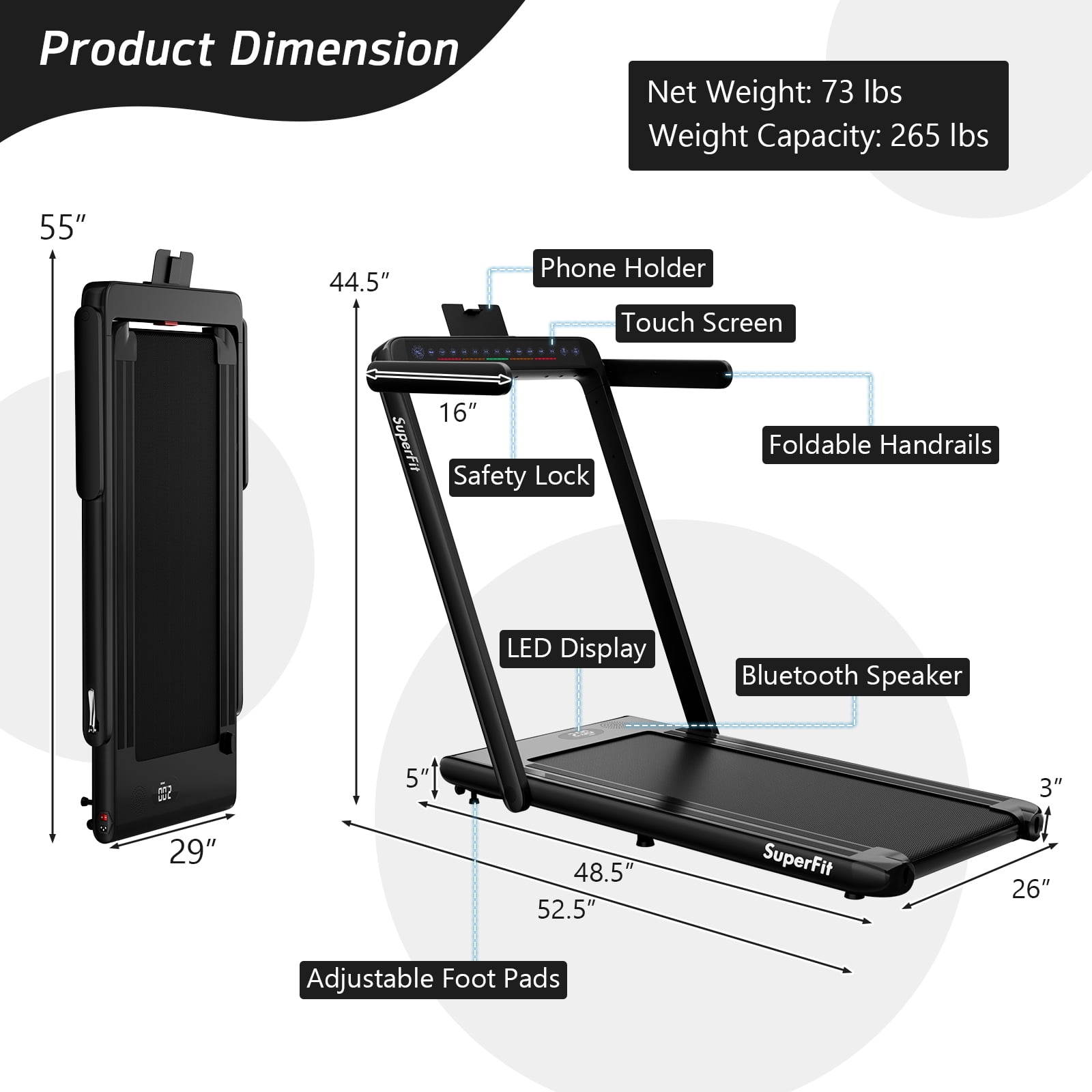 Costway Up To 7.5MPH 2.25HP 2 in 1 Dual Display Screen Treadmill Jogging Machine W/APP Control Black