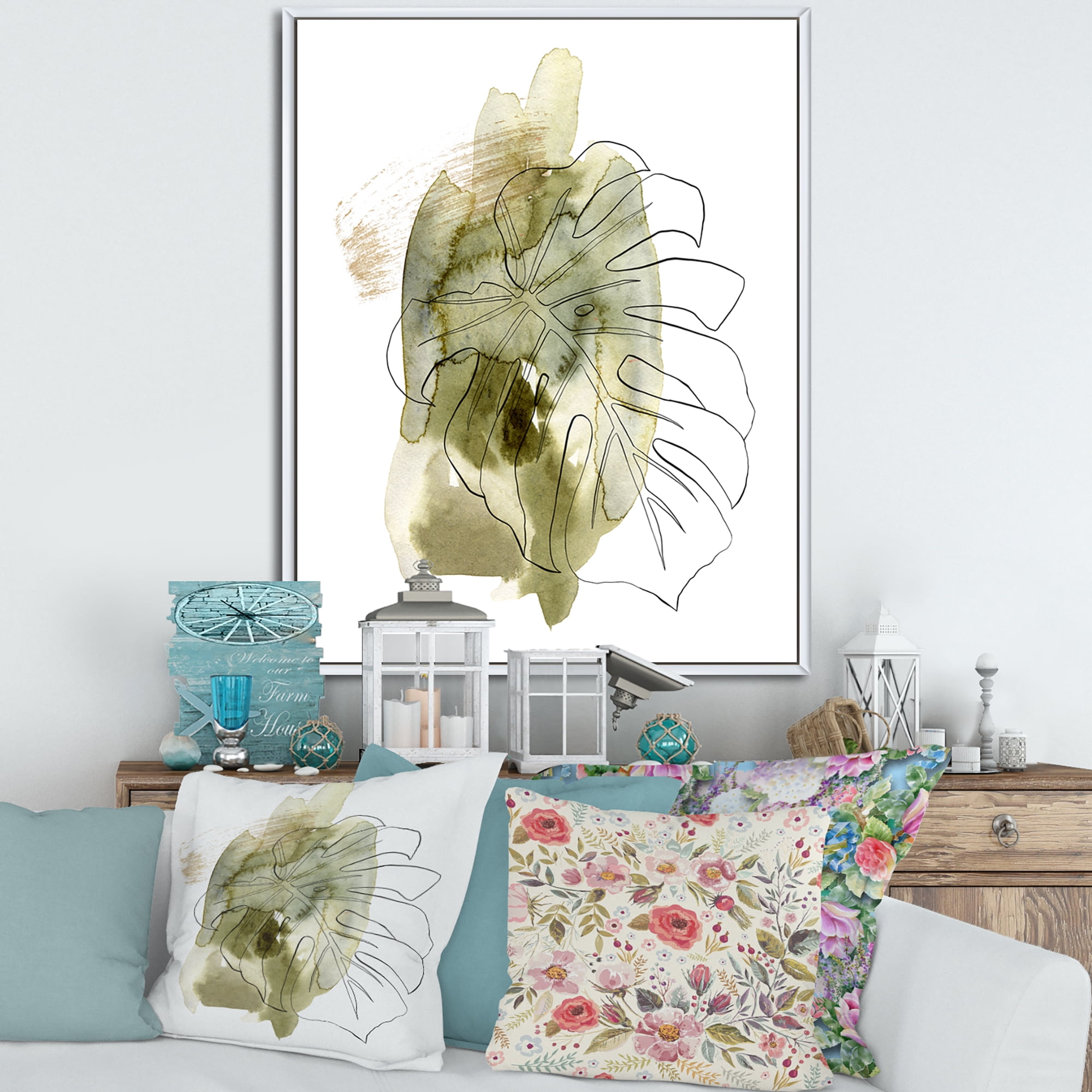 Designart 'Line Art Monstera Branch Tropical Abstract Leaves on Green' Traditional Framed Canvas Wall Art Print