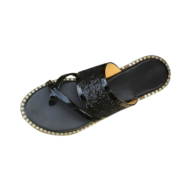 LOVZFMLL Women's Flat Sandals Sparkly Metallic Toe Loop Glitter Rhinestone Single Band Outdoor Flip Flops Open Toe Dressy Slides Black 6
