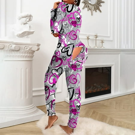 

Ladies Casual Long-sleeved Valentine s Day Printing Detachable Button Flap Adult Pajamas One-piece CHMORA