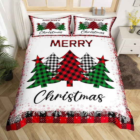 Ensemble de Housse de Couette à Carreaux de Noël Format Très Grand, Ensemble de Literie à Carreaux Rouge Vert Noir 3 Pcs pour Enfants Filles Adultes Déco de Chambre d'Hiver, Housse de Couette Flocon de Neige Fantastique Vintage Chic, 2 Taies d'Oreiller