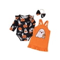 thumbnail image 1 of SUNSIOM Baby Girl Halloween Outfit Flying Sleeve Romper with Ghost Pattern Ruffled Overall Dress and Bow Headband 3 Pcs Set, 1 of 6