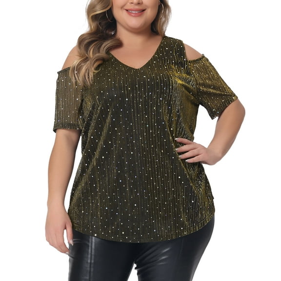 Agnes Orinda Plus Size Tops for Women Glitter Sequin Cold Shoulder Short Sleeve Party Basic Blouses Tee Tops 2X Gold