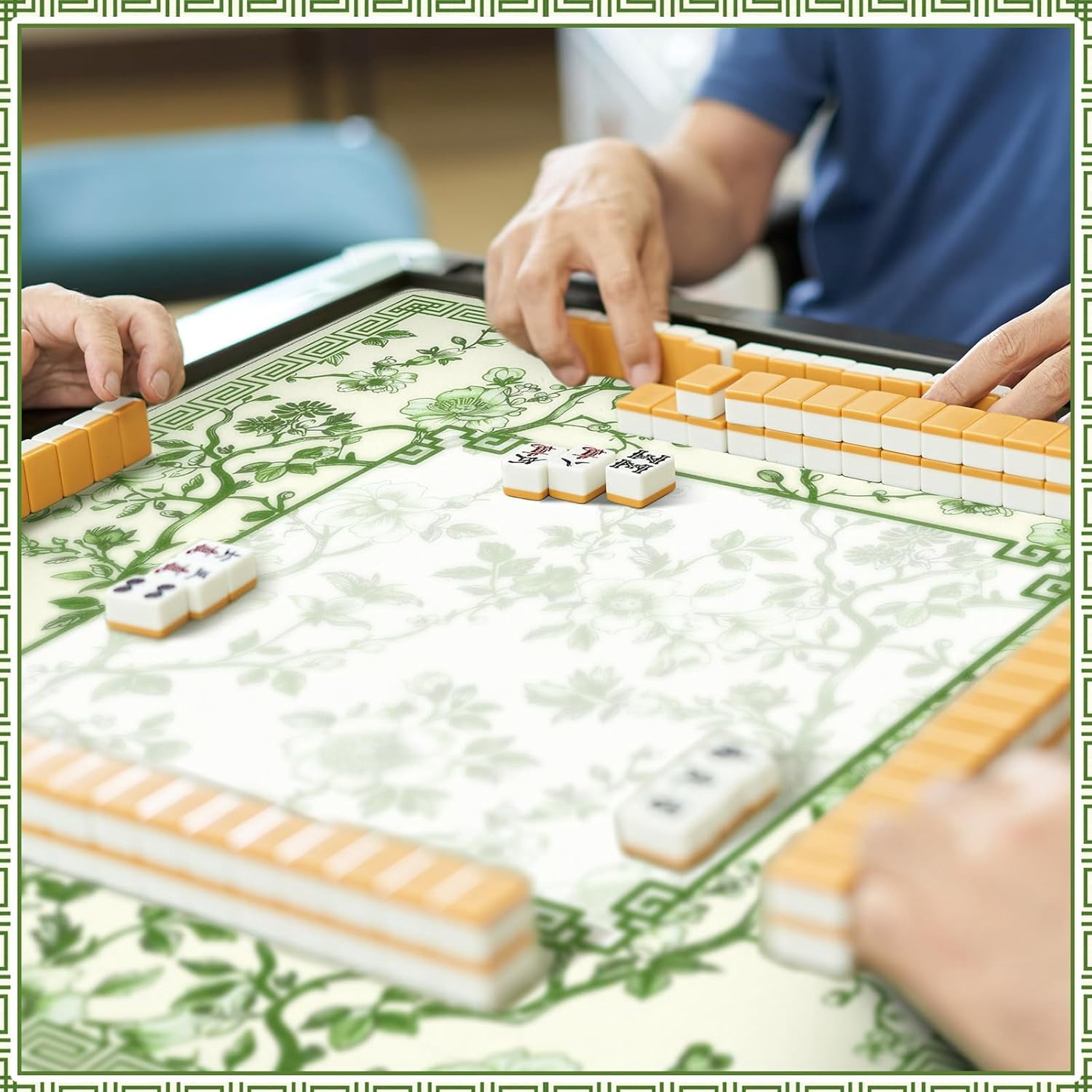 Chinoiserie Mahjong Mat with 1 Carrying Bag 31.5" x 31.5" Green and White Rubber Anti Slip and Noise Reduction Multi Purpose Game Table Cover for Mahjong, Card, Board Tile Games