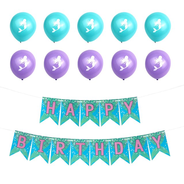 TEHAUX Girls Birthday Decorations 11Pcs Mermaid Latex Balloons Banner Set Assorted Color Theme Party Decor