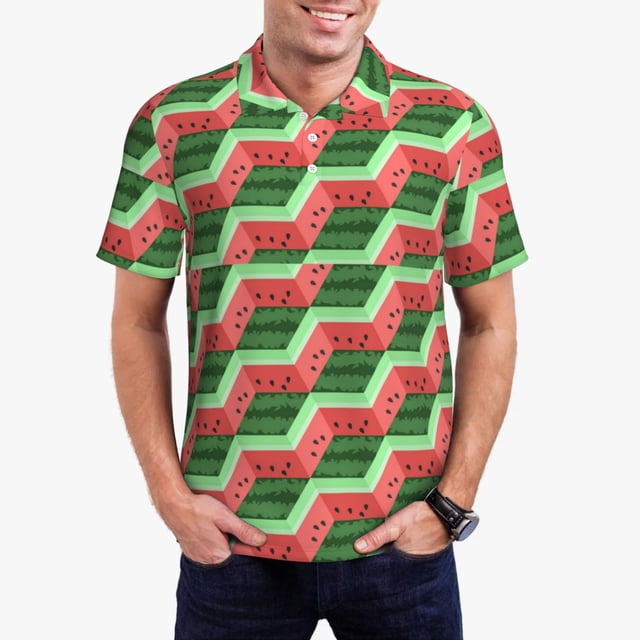 Balery Geometric Watermelon Camisa Polo de Hombre con Estampado, de Manga Corta y Tejido Medio, Camisa Tipo Golf Polo-Large