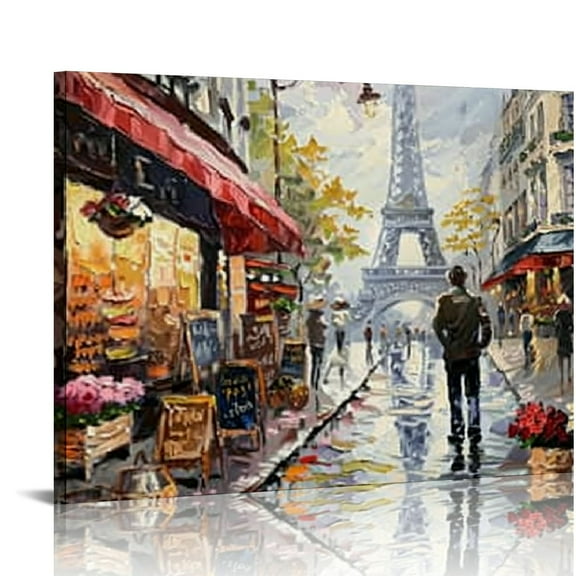 Shiartex Eiffel Tower Romantic Couple Walking  Paris Café Canvas Wall Art Print Picture Painting  20x16 in/16x12 in