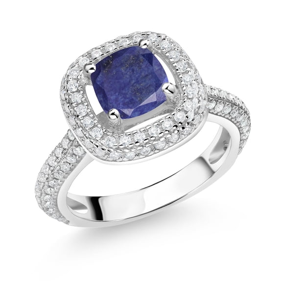 Gem Stone King 925 Sterling Silver Blue Lapis and White Moissanite Engagement Ring for Women (1.63 Cttw, Cushion 6MM, Gemstone, Size 7)