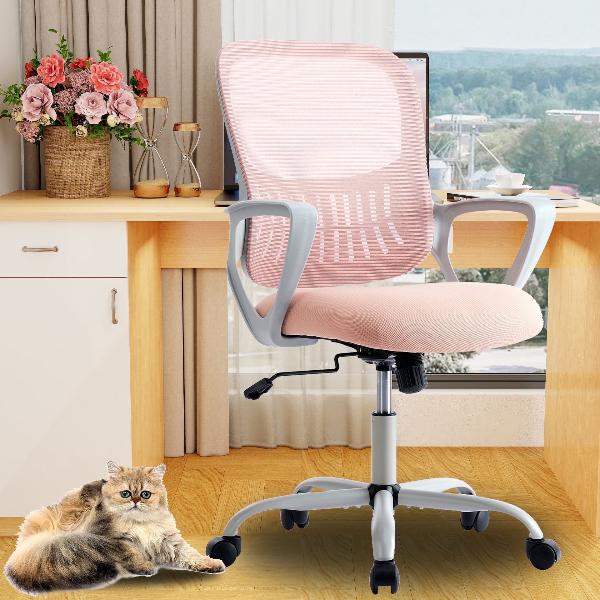 Ergonomic Office Chair, Comfortable Home Office Chair with Lumbar Support Computer Chair with Adjustable Height, Pink Reclining Desk Chair