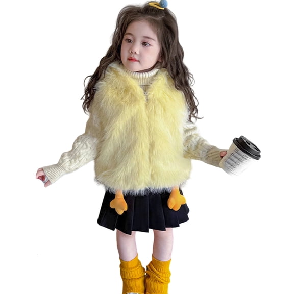 Lkhaha Toddler Girl Jackets Cute Yellow Sleeveless Hooded Soft Warm Zipper Fuzzy Vest Kids Winter Trendy Coat