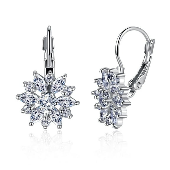 Crystal Flower Lever-back Earring in 18K White Gold Plated