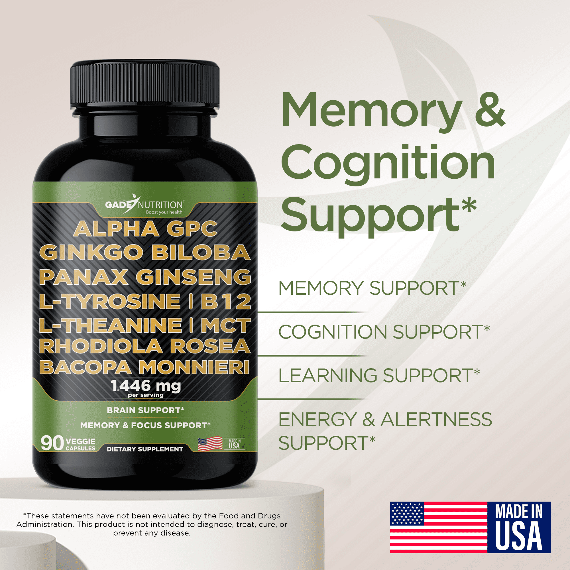 Gade Nutrition Alpha GPC with Ginkgo Biloba, Ginseng, L Theanine, B12, Bacopa Monnieri, L Tyrosine, Rhodiola Rosea - 90 Caps - Made in USA