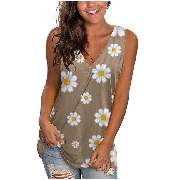 ZQGJB Womens Tank Tops V Neck Basic Cute Floral Printed Casual Flowy