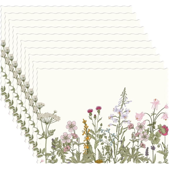 120 Pack Wildflower Paper Placemats Floral Disposable Placemat with Scalloped Edge Spring Retro Decorative Table Mat for Dining Table Setting Wedding Party Supplies, 10 x 14 Inch(Fresh)