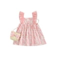 thumbnail image 1 of Kiapeise Toddler Baby Girls Summer Dress Flowers Ruffle Sleeveless Square Neck Dress + Big Bow Straw Sling Bag, 1 of 8